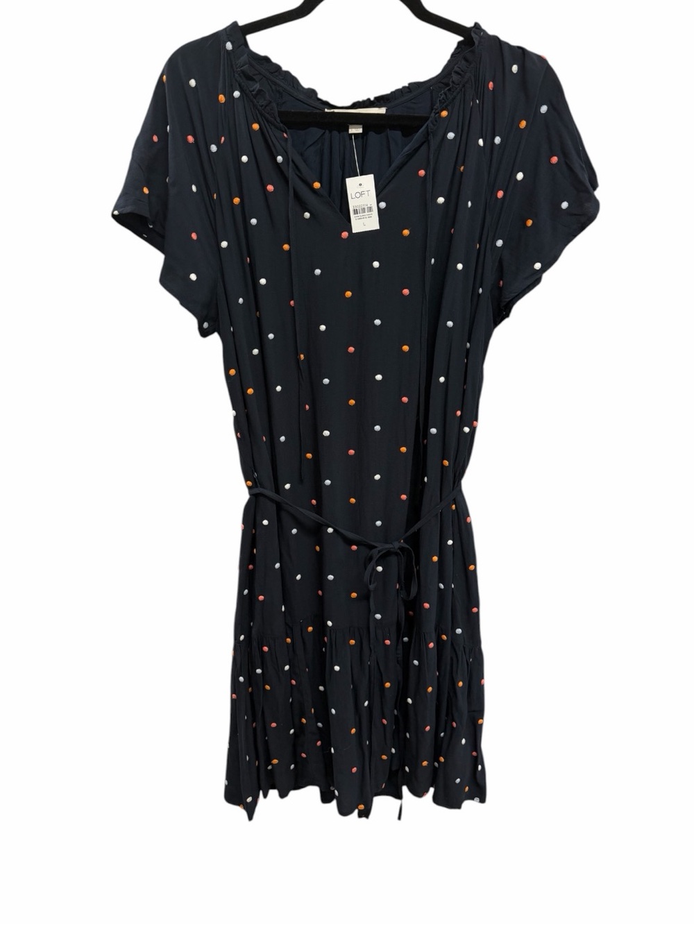 LOFT‎ NWT Navy Polka Dot Dress Tie Waist Ruffle Hem Flutter Sleeve Large